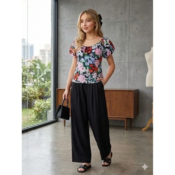 Old Navy Top‎ L Floral Milkmaid Waist Defined Smocked Romantic Garden Party
