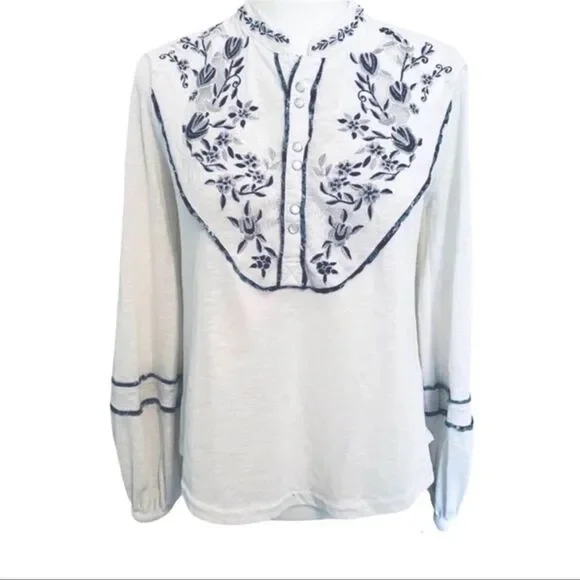 Free People White Embroidered Puff Sleeve Shirt‎