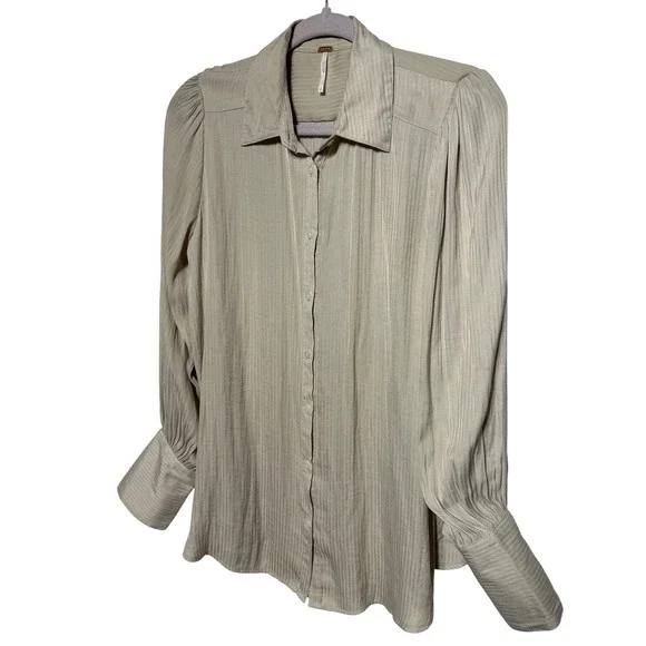 Free People Serena Striped Puff Shoulder Button Up Shirt Beige Women's Small‎