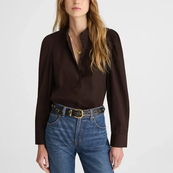 Madewell Button Up Band Collar Pleated Puff Sleeve Shirt Brown Size S NWT