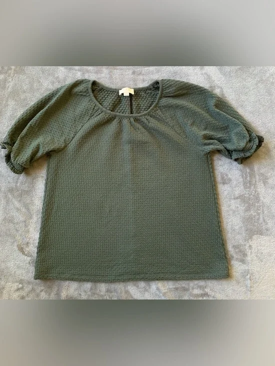 LOFT Olive Green Textured Puff-Sleeve Top