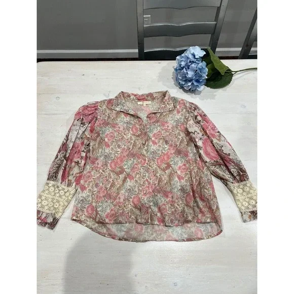 LoveShackFancy Brooke Floral lace Blouse‎ button down Cuff Long Sleeve Top XS