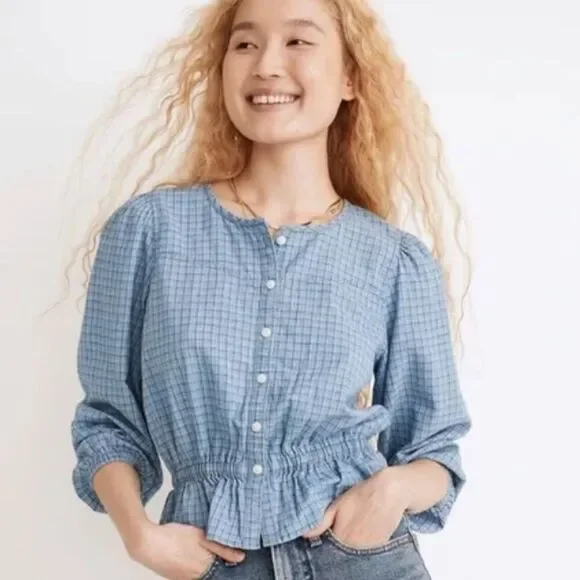 Madewell Chambray Puff-Sleeve Peplum Top in Windowpane Blue – Size S Style NE213