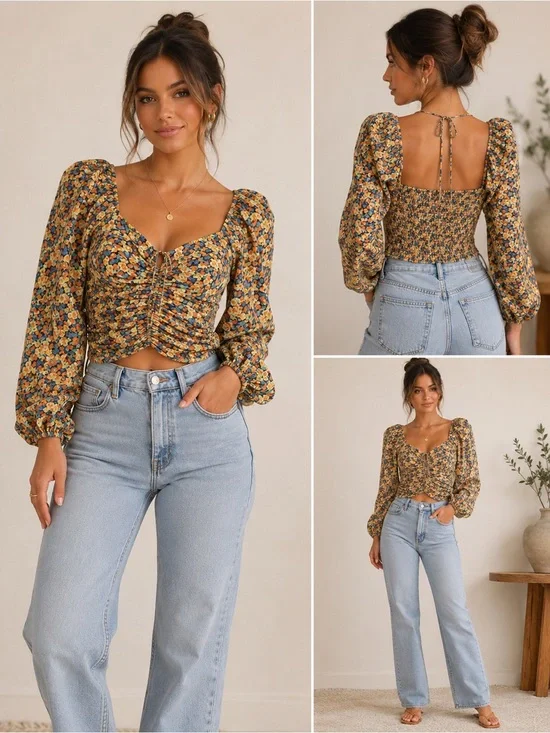 Astr Floral Ruched Puff-Sleeve Crop Top