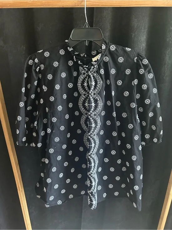 LOFT Black Blouse with White Embroidered Pattern