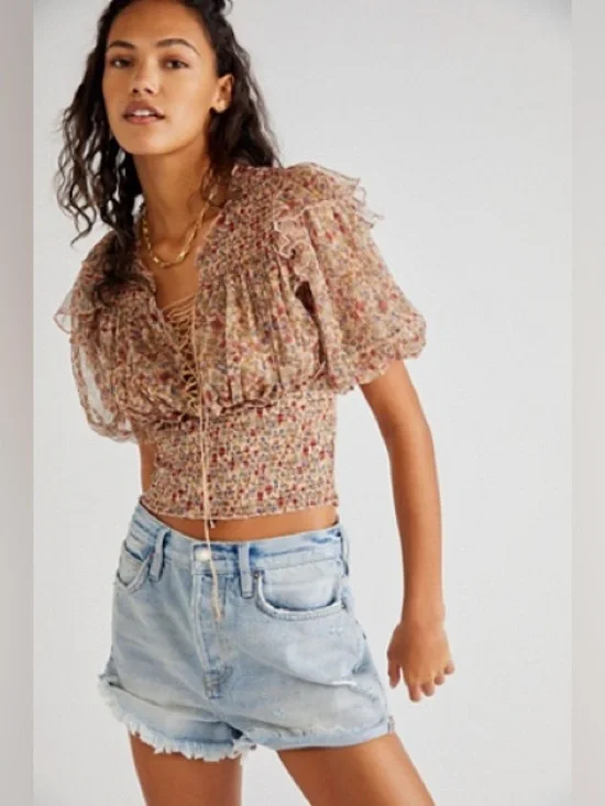 Free People Smocked Floral Lace-Up Crop Top XL NWOT Boho Prairie Cottagecore