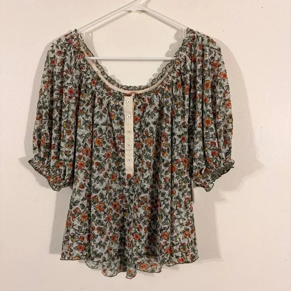 Free People Blouse Womens Medium Ivory Floral Mesh NWT Boho Puff Sleeve OB195947