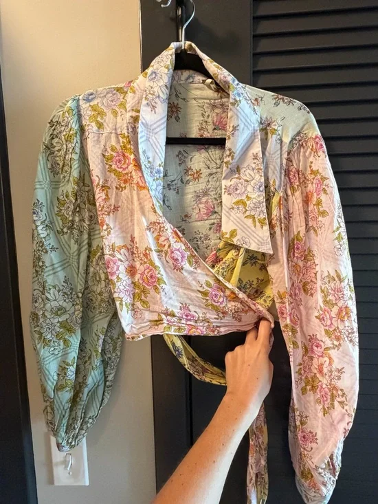 Free People Floral Wrap Crop Top in Pink, Green & Cream