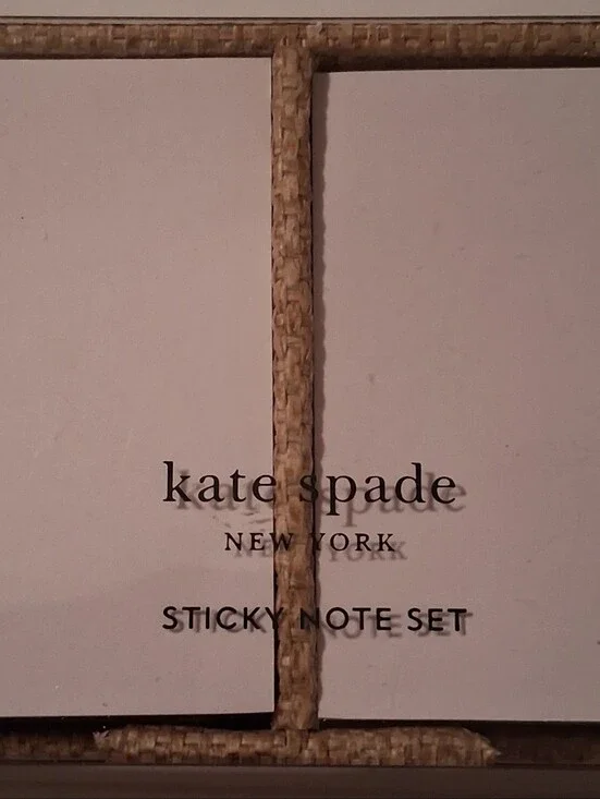 kate spade NOS Gold Gilded Edge Sticky Note Set in Grasscloth Note Holder