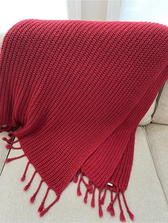 Pottery Barn Red Waffle Knit Throw Blanket with Fringe 50”x60”