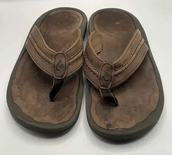 Olukai Hokua Men's Leather Flip Flops Sandals Brown Size 10