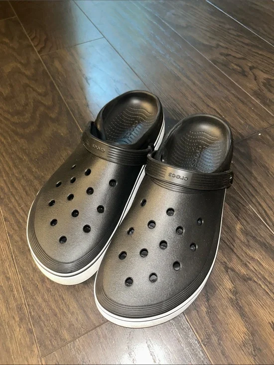 CROCS Off Court Black Clog Sandals with White Trim