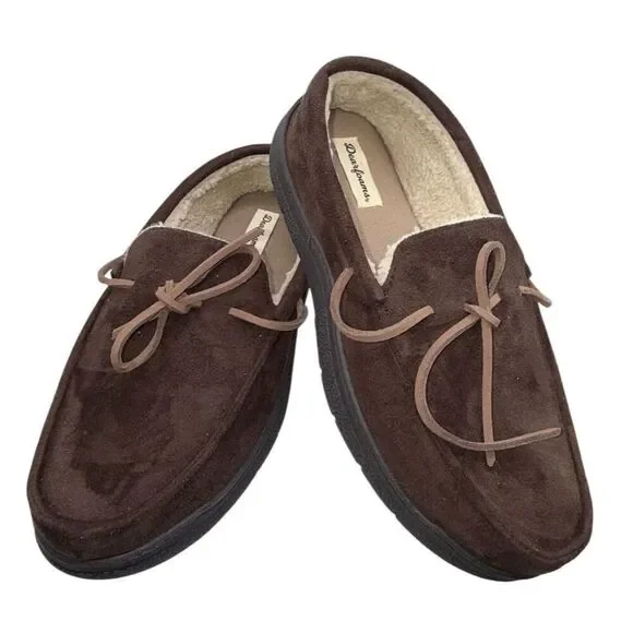 Dearfoams Men’s Microsuede Toby Moccasin Slippers Coffee Sz. M 9/10 Fleece Lined