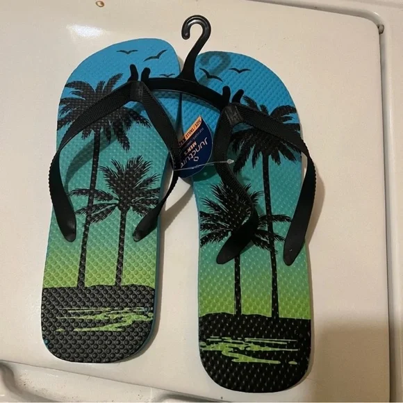 Palm-Print Men’s Flip Flops - Blue Green