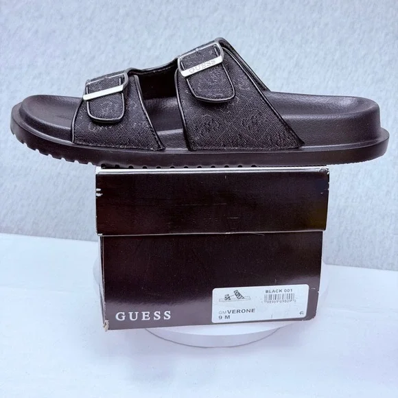 Guess‎ GMVerone Mens Slide Sandals Black Double Buckle Logo Strap Size 9 M
