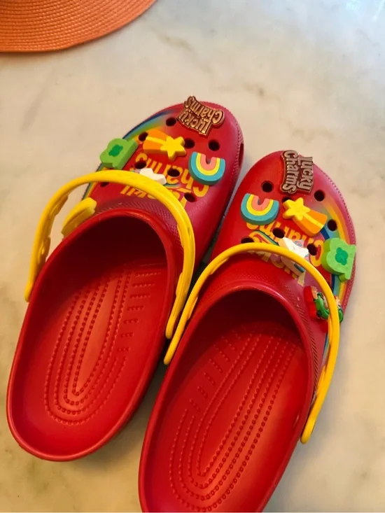 CROCS Red Clogs with Yellow Strap and Rainbow Charms