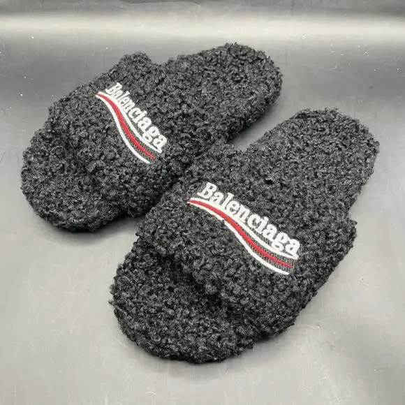Balenciaga Men’s Black Fur Slide Sandals Logo Embroidered Slip-On EUR SZ 39 New
