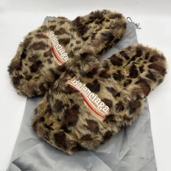 Balenciaga Men's Sz EUR 41 Leopard Animal Print Faux Fur Logo Slide Sandals