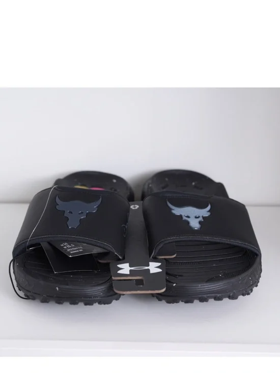 $70 Under Armour Project Rock UA U Rock 3 SL Black Slides Sandals Men's US 14