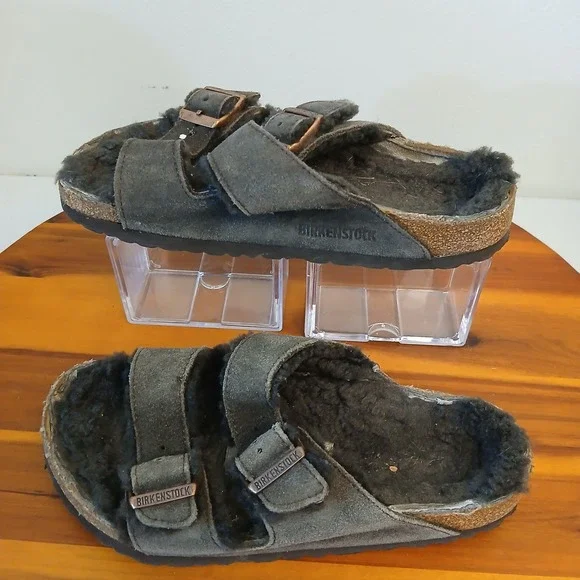 Birkenstock Arizona Sandals Mens 36 Black Shearling Lined Suede Two Strap Slide