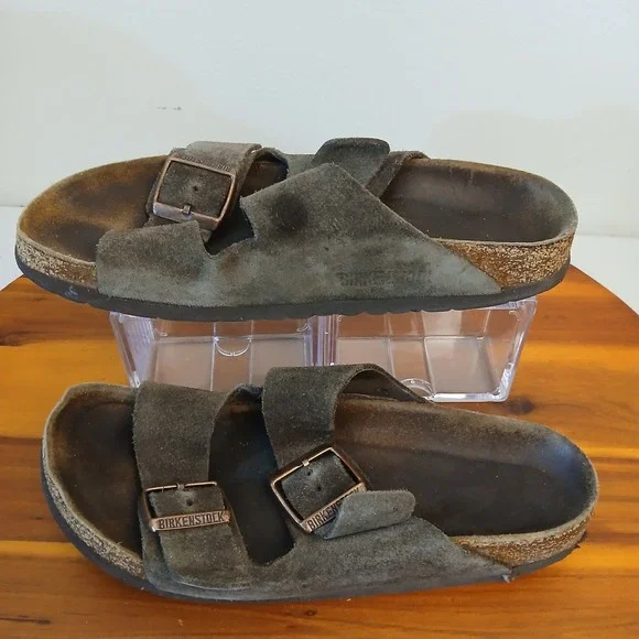 Birkenstock Arizona Sandals Mens 37 Olive Green Suede Double Strap Buckle