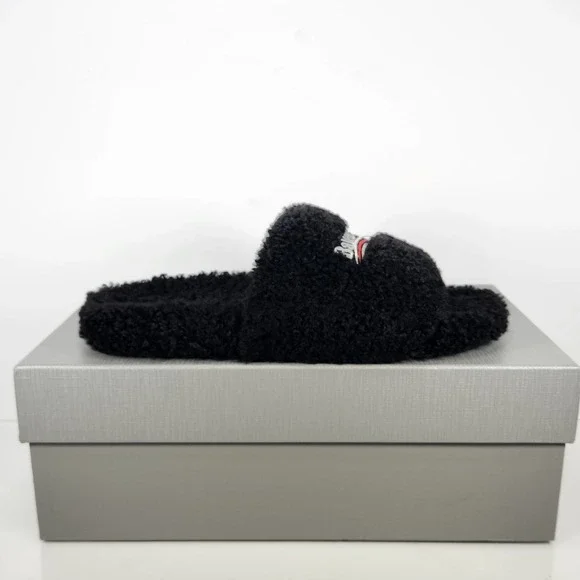 Balenciaga Pool Slide Mens Size 10 Black Shearling Political Campaign Logo
