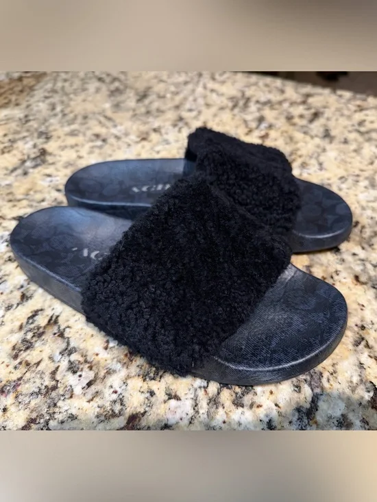 Coach Black Shearling fuzzy Slide Sandals