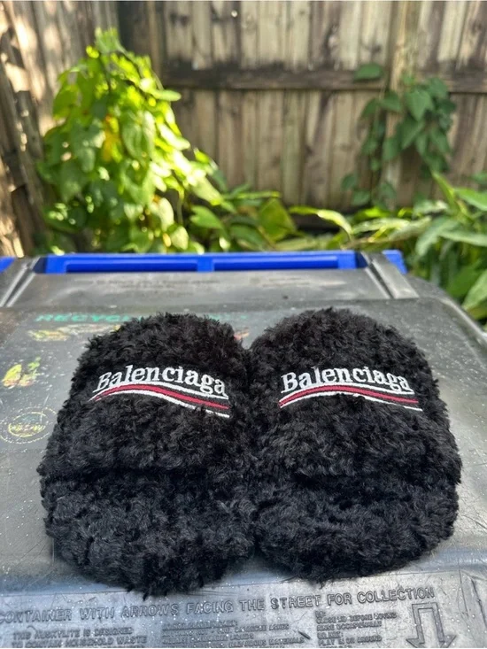 Balenciaga Black Fuzzy Logo Slide Slippers with Red & White Accent