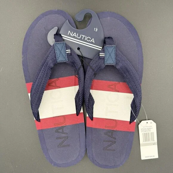 Nautica Mens Eccen‎ Flip Flops Size 13 Navy Blue Red White Striped Sandals