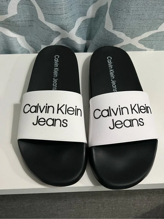 Calvin Klein Jeans White Logo Slide Sandals Box