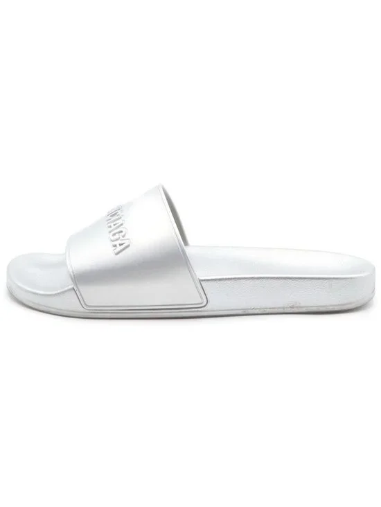 Balenciaga Logo Rubber Slide Flat Sandals Shoes Silver