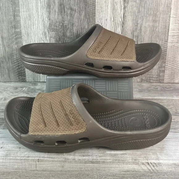Crocs Yukon Sport Slide Mens 12 Brown Faux Leather Strap Sandals 10892