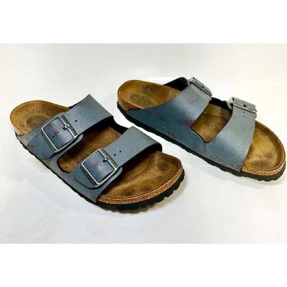 Birkenstock Arizona Sandals Distressed Blue Red Two Strap Slides approx 39