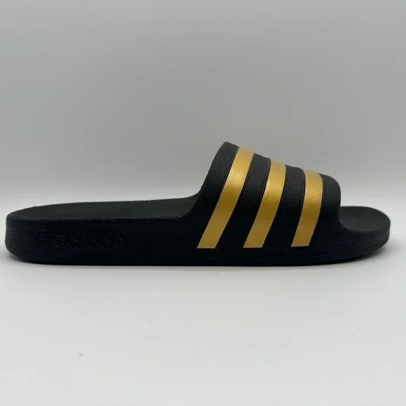 Adidas Adilette Aqua Slides Black Gold Stripes Men's‎ 7 Womens 8 Casual Comfort