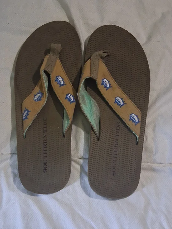 Southern Tide Brown Flip Flops with Tan Embroidered Straps