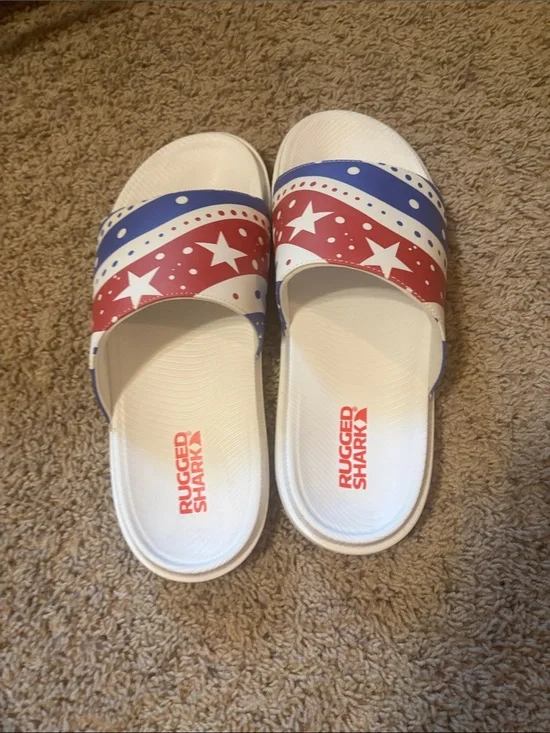 Mens White Slide Sandals with Red & Blue Stars
