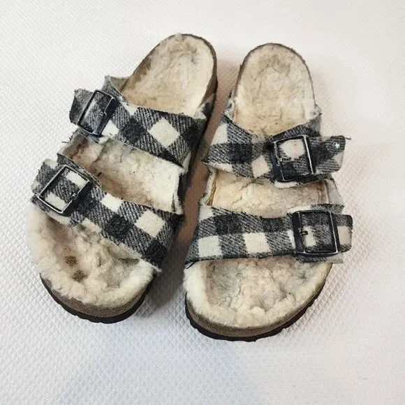 Birkenstock Mens Size 43 US 10 Arizona White Gray Shearling Plaid Natural Wool