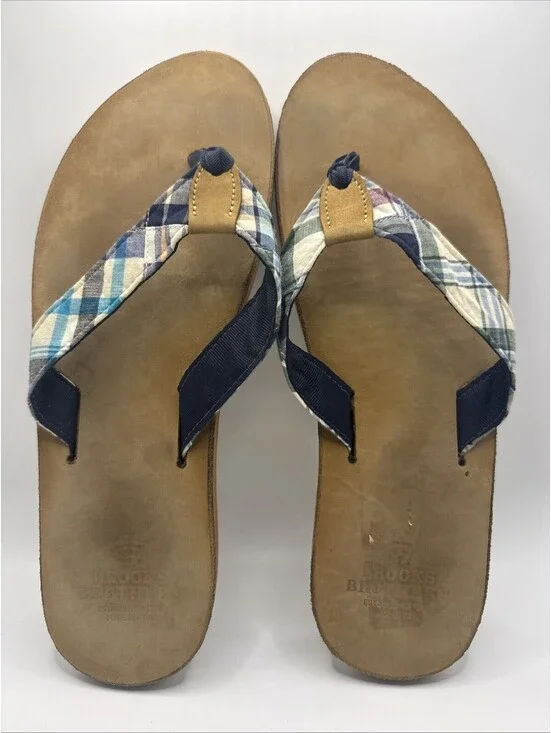 Brooks Brothers Mens Plaid Leather Flip Flop Sandals Tan Blue Made in USA