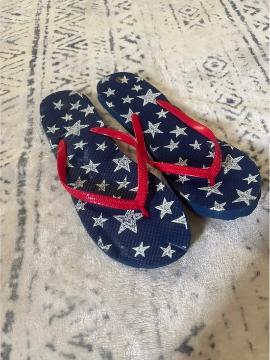 Navy Blue Flip Flops with White Stars and Red Straps, Size 9/10