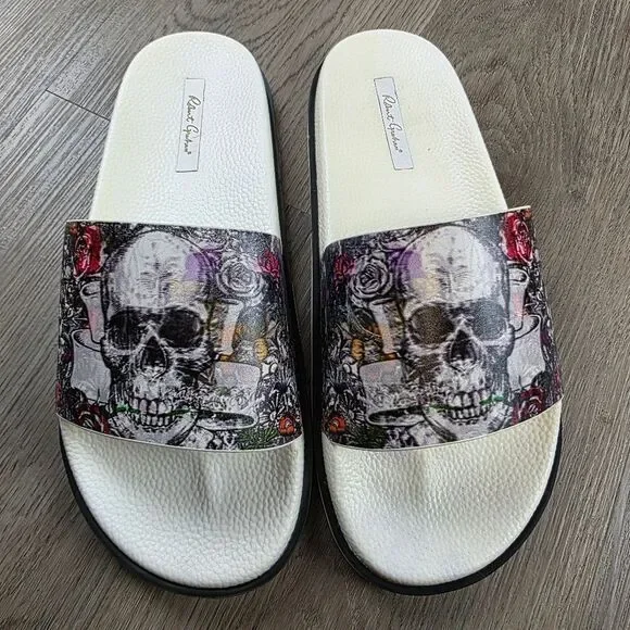 Robert Graham Whiterford Graphic Skull Leather Slides Size 9