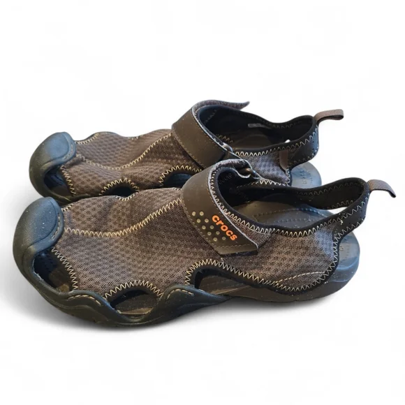 Crocs Swiftwater Mesh Deck Sandals Mens 12 Brown Black Outdoor Water Shoes‎
