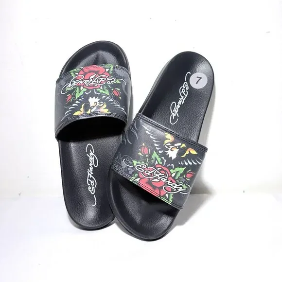 Ed Hardy Eagle-Roses-Tattoo Black Slides/Flip-Flops Size 7 NWT