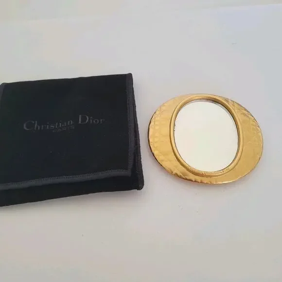 Christian Dior‎ Parfums Compact Mirror With Case Gold Portable Oval Designer