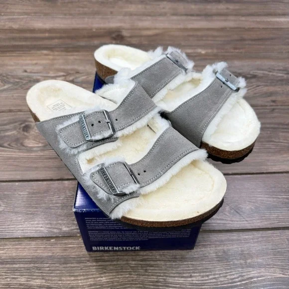 Birkenstock Mens Size 43 Arizona Fur Stone Coin Suede Shearling Sandals New