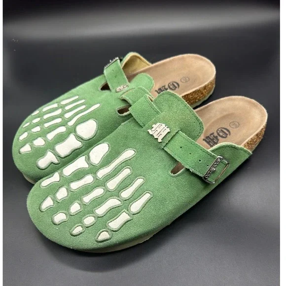 Octavious Green Suede Skeleton Bone Clogs Men Size 13/14 Mules Streetwear Goth