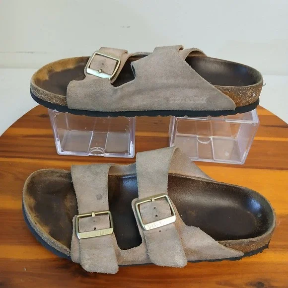 Birkenstock Arizona Sandals Mens Size 39 Brown Suede Leather Two Strap Cork