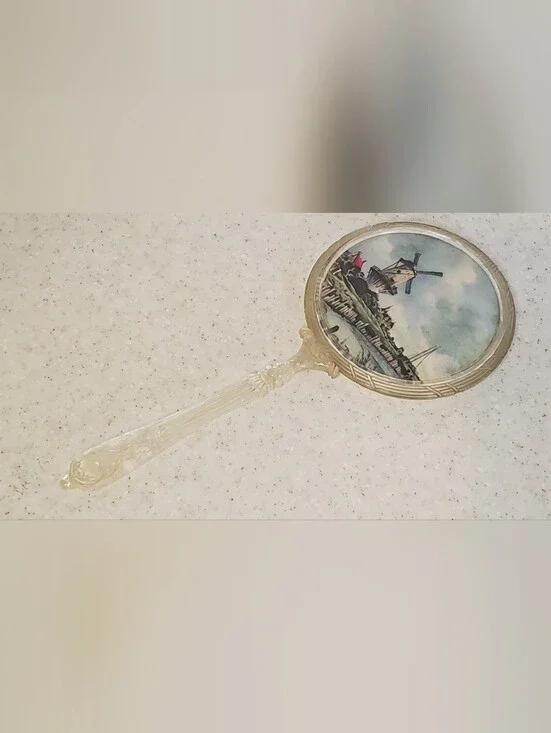 Vintage MCM Lucite Hand Mirror Windmill Landscape Clear Vanity Granny Chic Victo