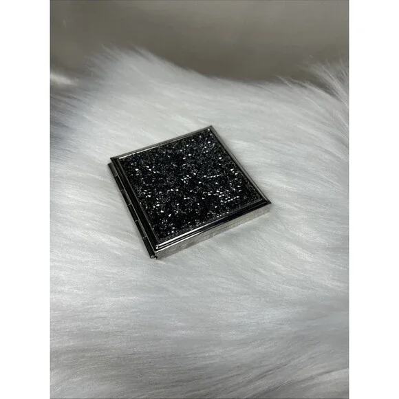 Swarovski Crystal Rocks Square Compact Mirror Dual Sided Black Silver