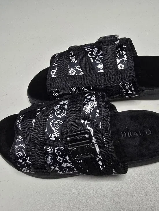 DRACO Black Bandana Slides Men's Sz 11-12 w/ Bag