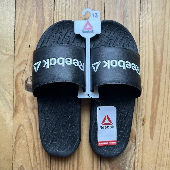 NWT Reebok Men's Slide Sandals Black White Logo Lightweight US Size 13